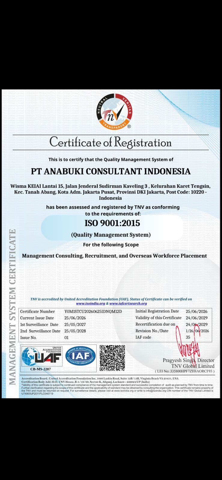 Sertifikat ISO 9001:2015 PT Anabuki Consultant Indonesia